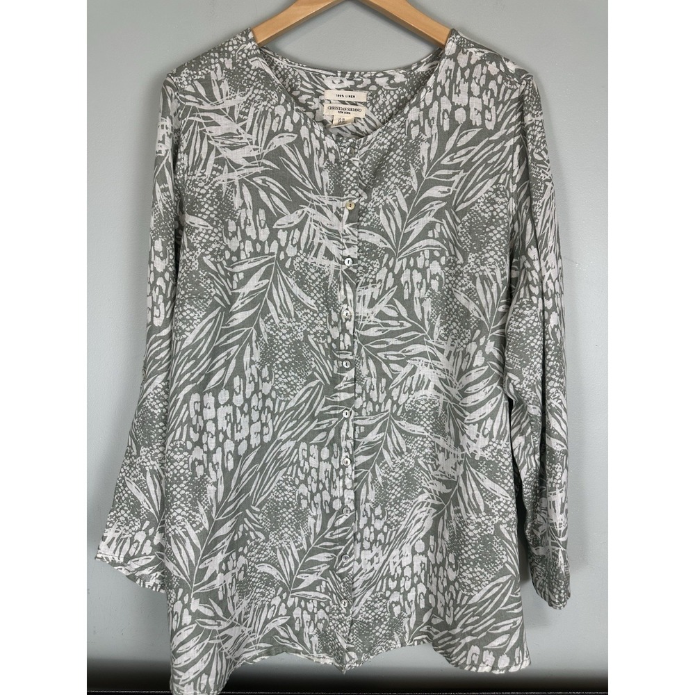 Christian Siriano Women's 2X Linen Blouse Green White Leaf Print Button Front